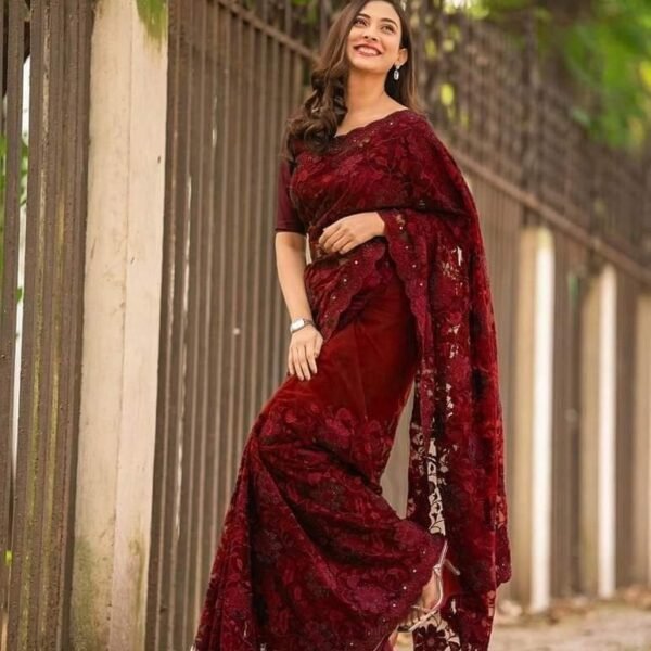 প্রিমিয়াম অর্গানজা ফ্যাব্রিক এমব্রয়ডারি করা পার্টি শাড়ি