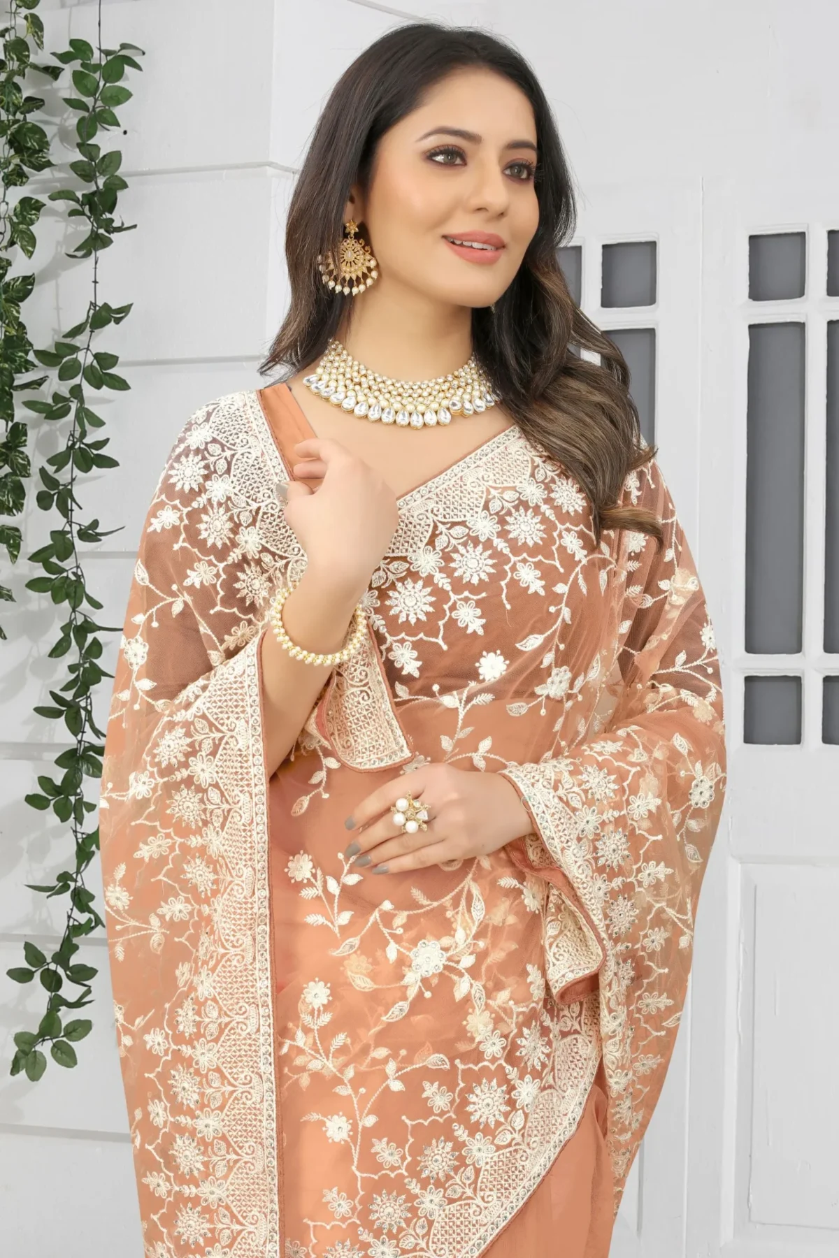প্রিমিয়াম অর্গানজা ফ্যাব্রিক এমব্রয়ডারি করা পার্টি শাড়ি - Image 2